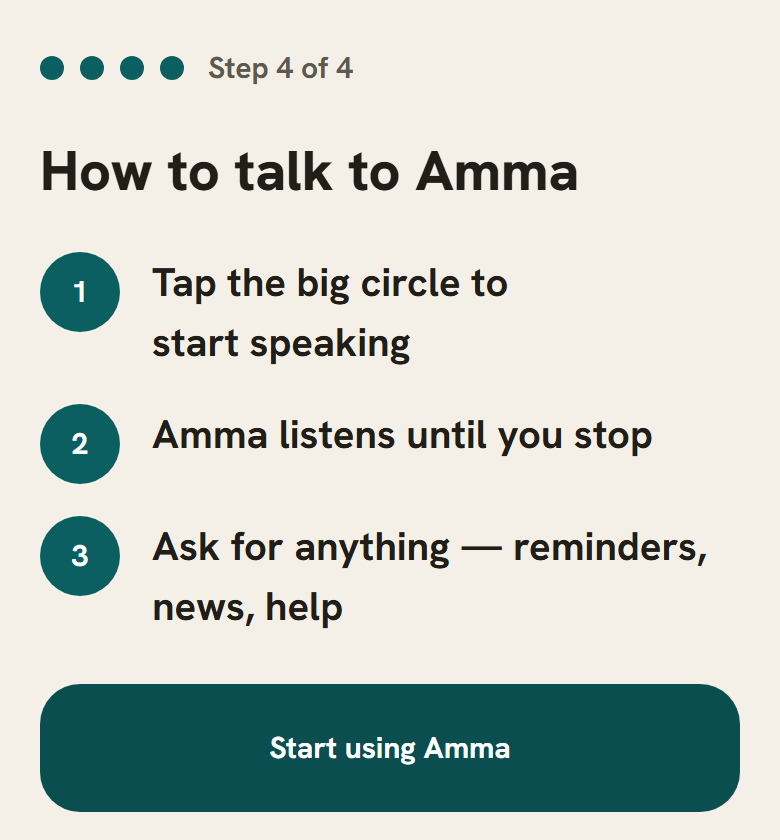 A screen with three steps for how to talk to Amma
